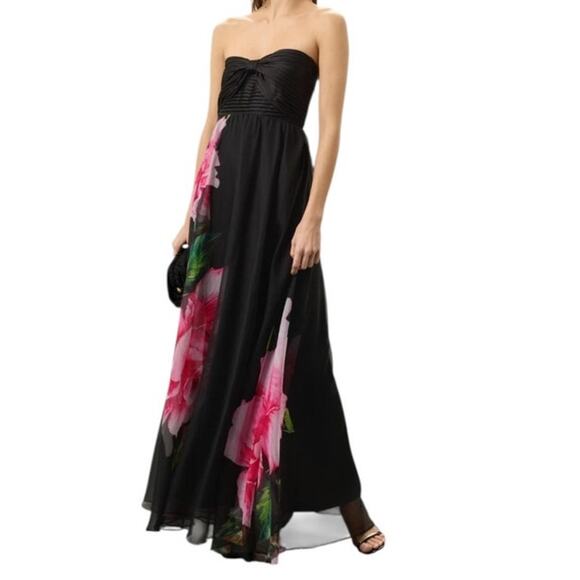 One33 Social Dresses & Skirts - One33 Social Chiffon Strapless Gown Black Floral Pleated Maxi Bow Dress Size 2